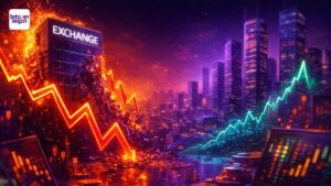 Visualisatie van crypto beursbedrijven die onder druk staan door consolidatie en veranderende marktomstandigheden