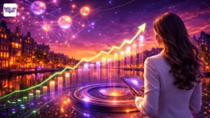 Futuristische vergaderruimte met lichtgevende community ring boven ronde tafel in Amsterdam, passend bij Crypto Women groei.