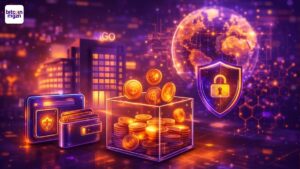 Illustratie van crypto-donaties en risico’s bij goede doelen, met wallets en beveiliging in beeld.