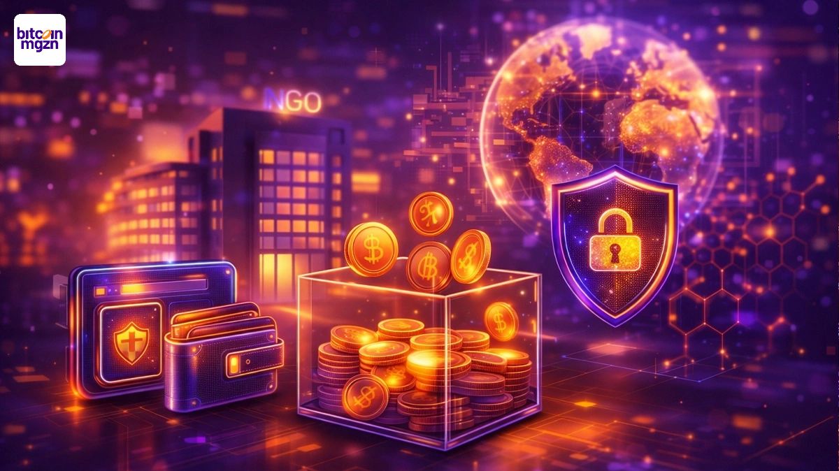 Illustratie van crypto-donaties en risico’s bij goede doelen, met wallets en beveiliging in beeld.