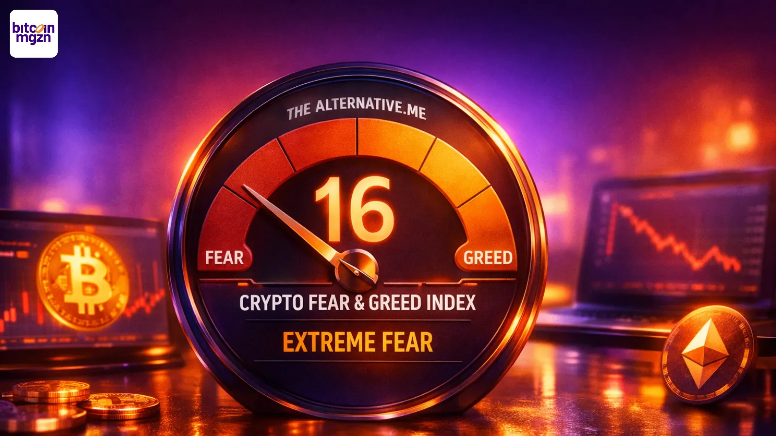 Crypto Fear & Greed Index van alternative.me staat op 16