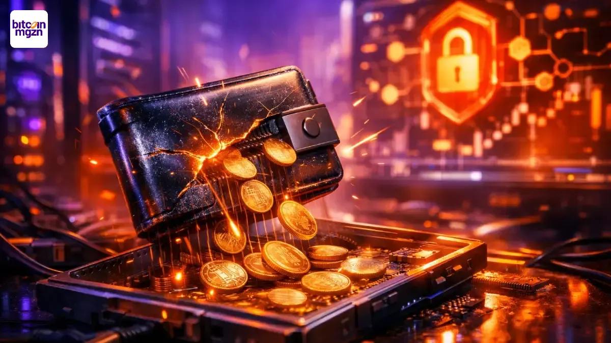 Visuele weergave van een crypto hack waarbij geld stil verdwijnt uit EVM-wallets en digitale beveiliging onder druk staat.