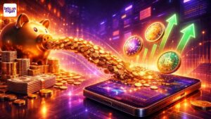 Crypto in beeld: spaarpot en geldstroom naar smartphone met digitale tokens en stijgende pijlen.