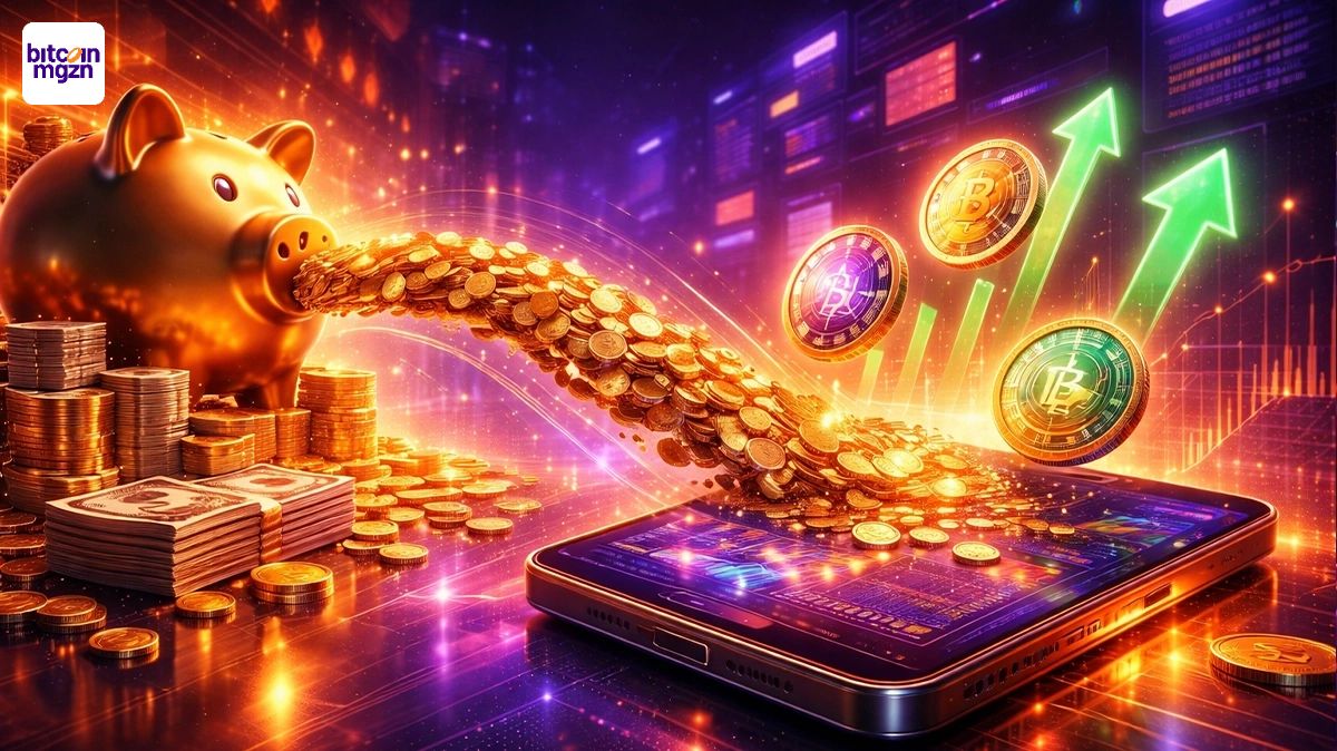 Crypto in beeld: spaarpot en geldstroom naar smartphone met digitale tokens en stijgende pijlen.