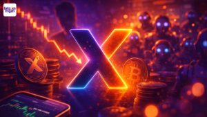 Crypto op X met fel X-logo, digitale munten, bots en dalende grafieklijn in paars-oranje neon.
