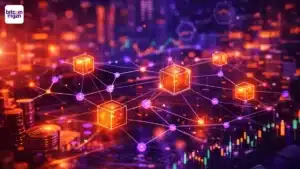 Decentralisatie als gloeiend netwerk van nodes en apps in paars-oranje, met grafieken en datalijnen op glas