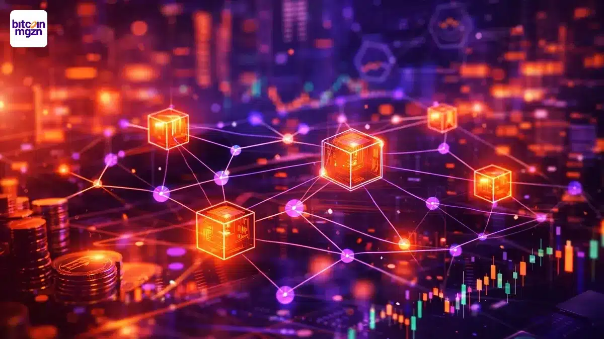 Decentralisatie als gloeiend netwerk van nodes en apps in paars-oranje, met grafieken en datalijnen op glas