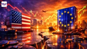 Symbolische weergave van handelsspanning tussen europa en de Verenigde Staten door nieuwe importheffingen