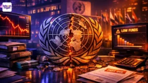 Visuele weergave van de financiële crisis bij de Verenigde Naties in 2026 met dalende grafieken en liquiditeitsproblemen