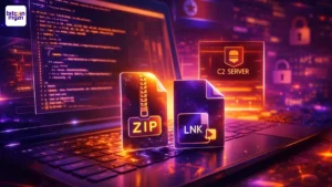 Paarse oranje cyberafbeelding van Hackers die via Discord bestanden gebruiken om malware te verspreiden.