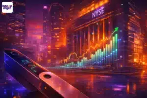 IPO-beeld met Ledger hardware wallet voor NYSE, paarse gloed, oranje reflecties en stijgende grafiek