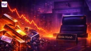 Goud en zilverbaren vallen met dalende grafiek voor Fed gebouw en Kevin Warsh naamplaat, paars oranje financiële sfeer.