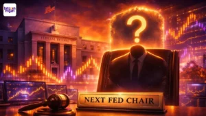 Federal Reserve-gebouw met lege voorzittersstoel en vraagteken, symbool voor de aankomende keuze van een nieuwe Fed-voorzitter