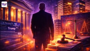 Neonachtige rechtszaal met bankgebouw en nieuwsbeelden, passend bij rechtszaken rond Trump.