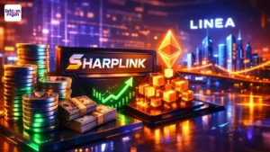 SharpLink in futuristische financiële setting met Linea-netwerk, groei-grafiek, digitale kubussen en glanzende crypto-coins.