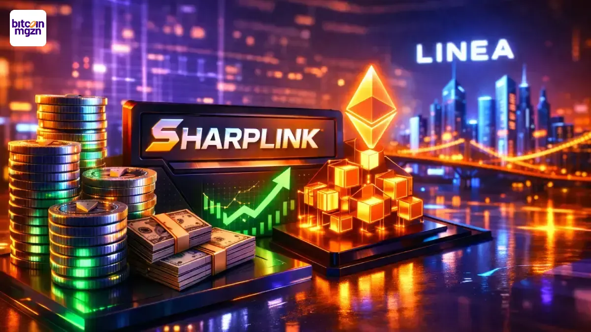SharpLink in futuristische financiële setting met Linea-netwerk, groei-grafiek, digitale kubussen en glanzende crypto-coins.
