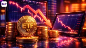 Futuristische tradingdesk met ETF coins, dalende grafieken en rode neerwaartse pijl, paars oranje neonlicht, reflecties op glas en metaal, achtergrond zacht vervaagd