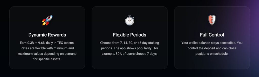 Walletium Mild Staking biedt dagelijks TEX rendement via Telegram wallet.