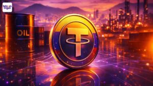 Tether-coin bij oliebarrel en raffinaderij in paars-oranje sfeer, passend bij Venezuela, sancties en betalingen.