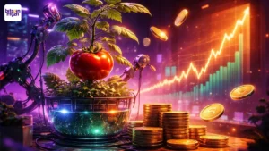 Tomaat in glazen kas met AI-sensoren en crypto-tokens, in paars-oranje licht.