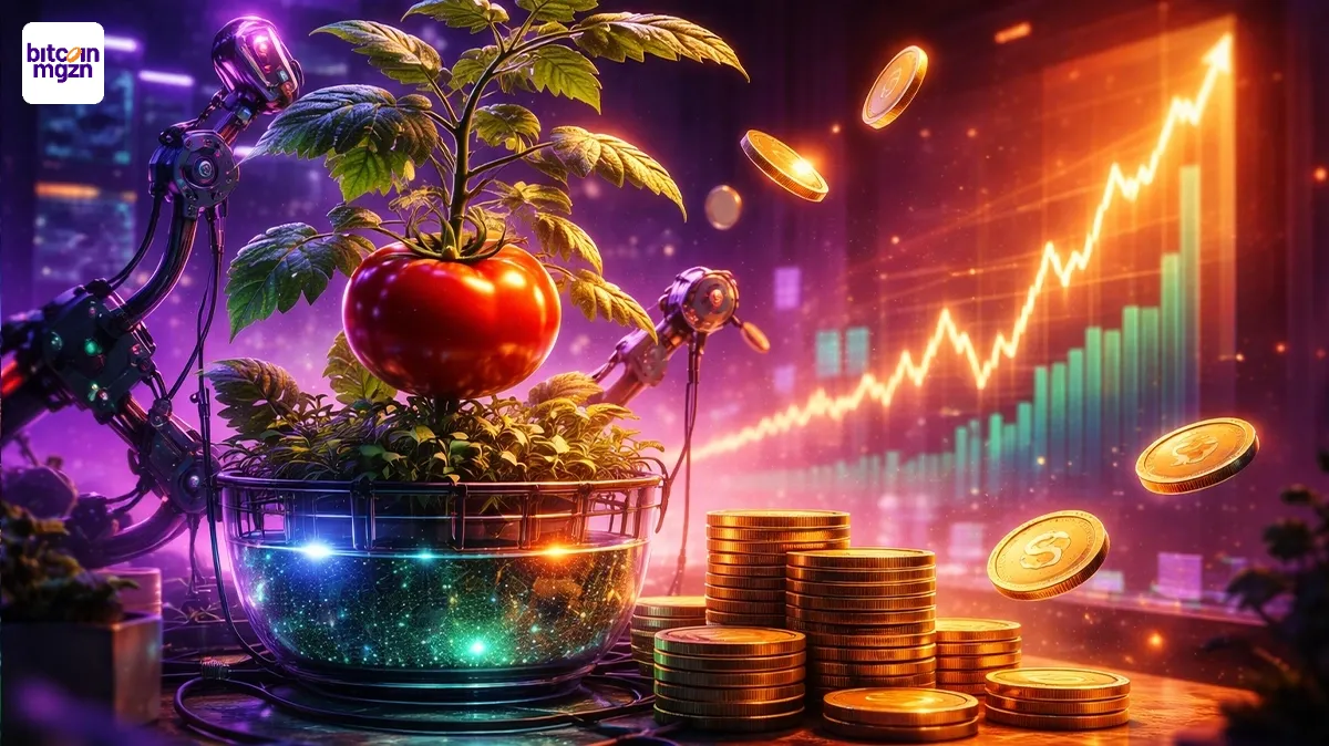 Tomaat in glazen kas met AI-sensoren en crypto-tokens, in paars-oranje licht.