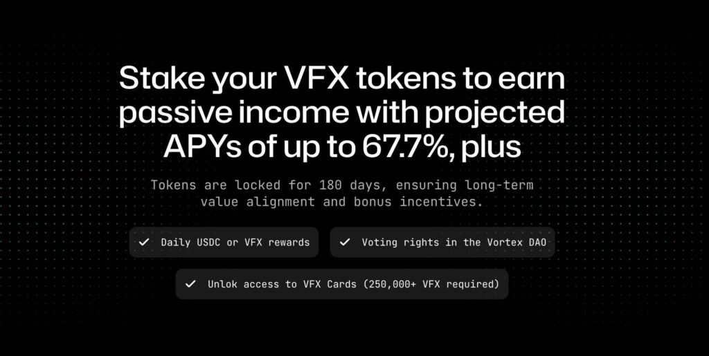 VFX token staking biedt passief inkomen met hoge APY, dagelijkse beloningen en bestuursrechten via Vortex FX