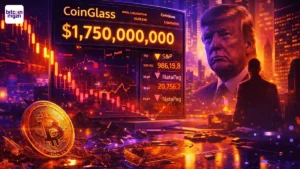 Bitcoin zakt 7% in paars oranje marktbeeld met koersgrafiek, CoinGlass liquidaties en Trump silhouet