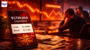 Crypto liquidaties met $1,72B op scherm, dalende charts en gestreste trader door leverage en long-liquidations.
