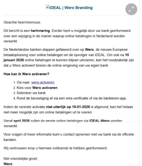 iDEAL:Wero-nepmail bericht