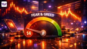 Angst op de cryptomarkt zichtbaar in de Fear & Greed Index meter die uitslaat naar 14 met extreme fear sentiment