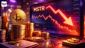 Bitcoin munten met MSTR koersgrafiek omlaag, paars oranje trading sfeer met reflecties