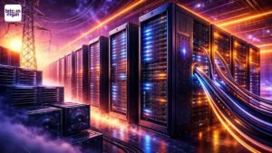 Fotorealistisch datacenter met paarse oranje gloed, kabels en stroommeters, datacenter stroom als bottleneck voor crypto