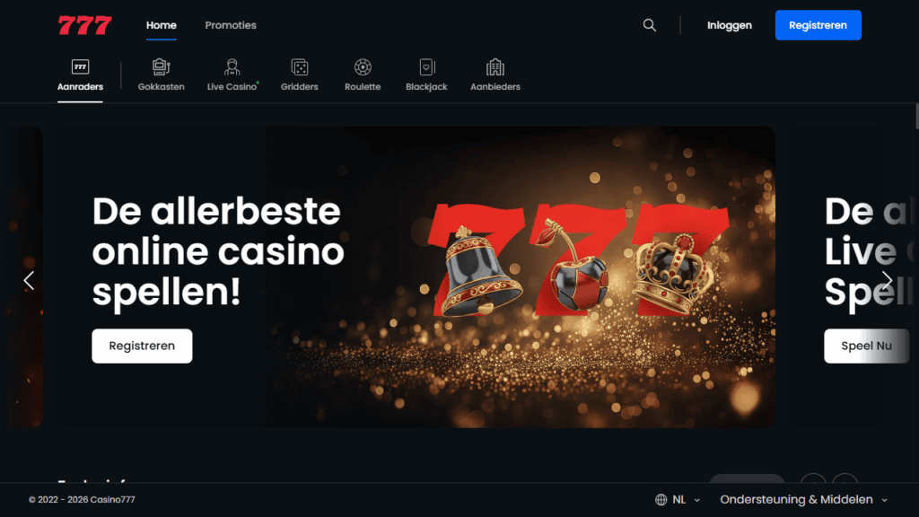 Casino 777 - online casino bonus - homepage met welkomstbonus en spelaanbod