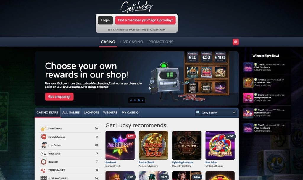 GetLucky - casino bonus met lage wagering - startpagina met welkomstbonus