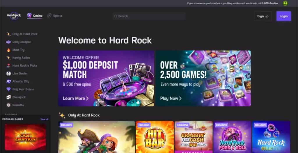 Hard Rock Casino - casino bonus met free spins - homepage met welkomstbonus