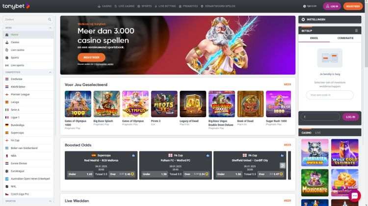 TonyBet - casino en sportbonus - startpagina met combo boost en gratis spins