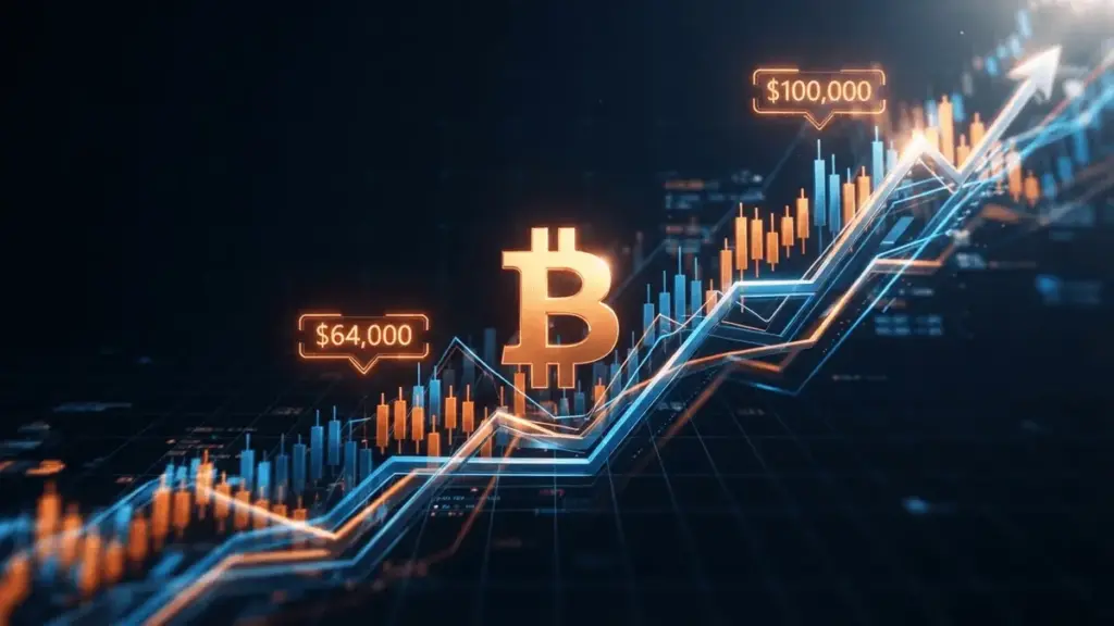 Bitcoin price trajectory visualization showing path from $64K to $100K target with financial charts