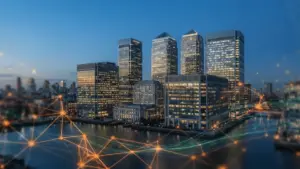 London financial district with Bitcoin network visualization representing regulatory integration