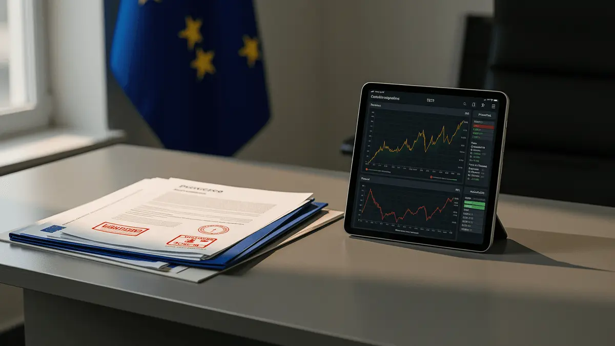 EU regulatory documents with warning stamps and cryptocurrency charts showing enforcement action