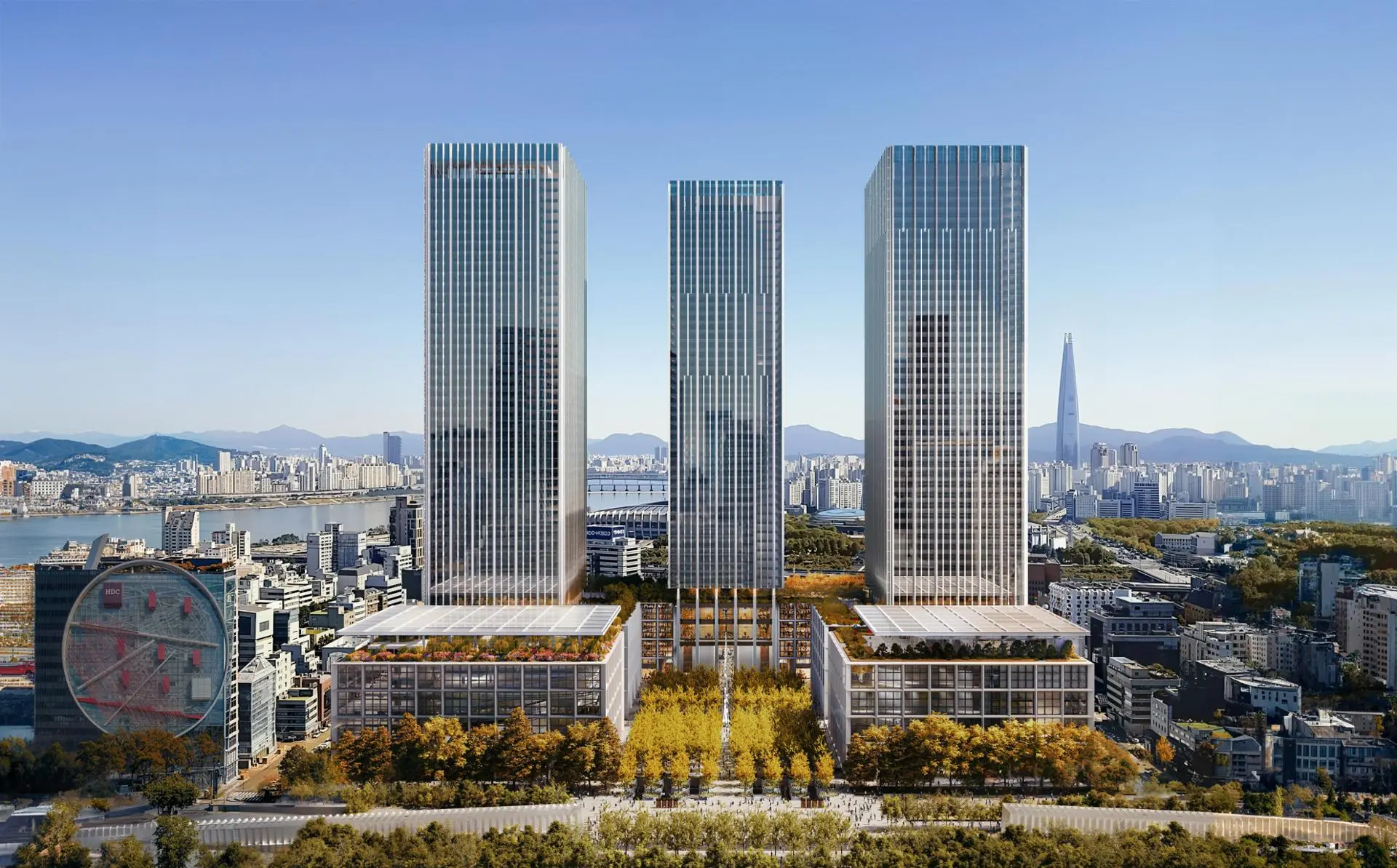 Hyundai Motor office building in South Korea, featuring three tall glass towers.