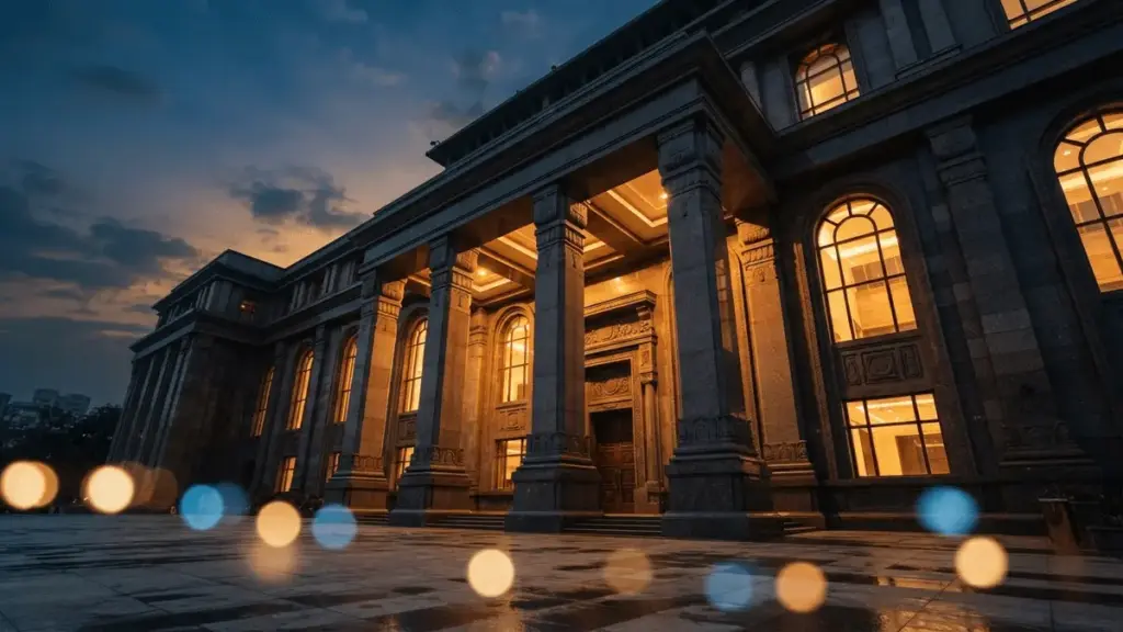Modern Indian bank building facade at twilight representing financial authority and crypto regulation tension