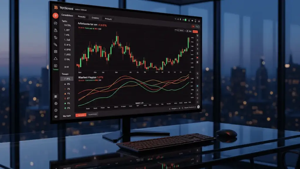 Corporate Bitcoin trading desk with live price charts and analytics dashboard