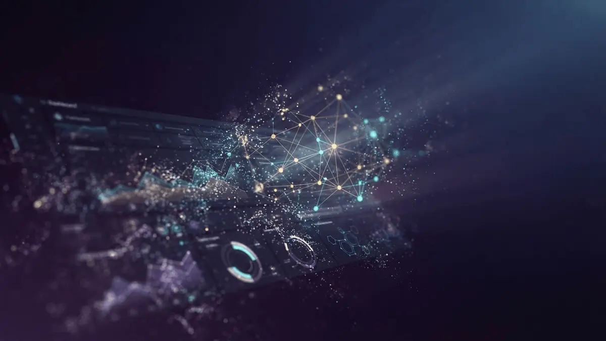 Digital DeFi dashboard interface dissolving with Ethereum network visualization in purple and blue tones