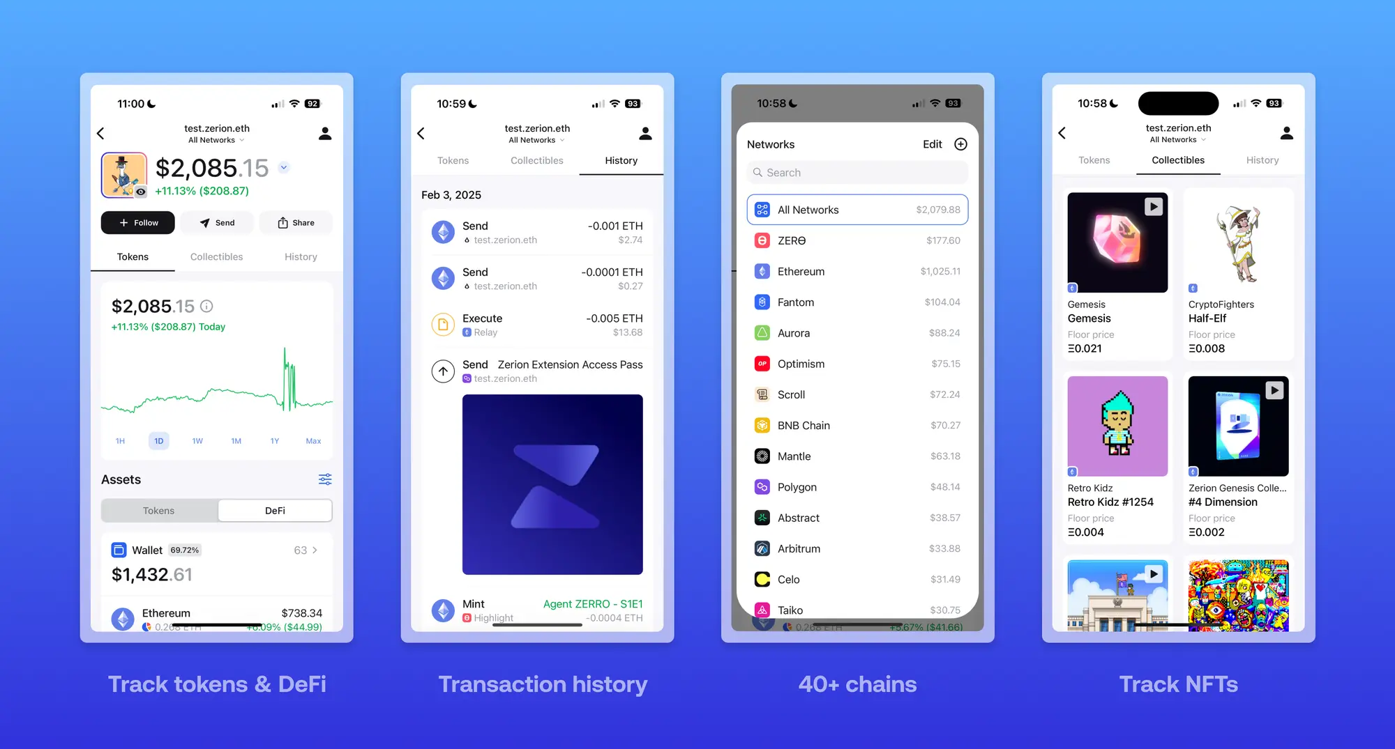 Zerion wallet app dashboard showcasing tokens, transaction history, and collectibles.
