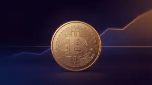 Gouden Bitcoin boven een stijgende langetermijntrend, als symbool voor een mogelijke cyclusbodem