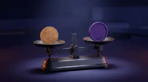 Balance scale met Bitcoin en een preferent aandeel als symbool voor Strategy’s treasury en STRC-terugkoop