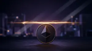 Ethereum-token onder een heldere weerstandslijn in een donkere paarse cryptomarkt