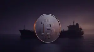 Bitcoin coin illuminated against a dark oil-market backdrop amid Iran tensions