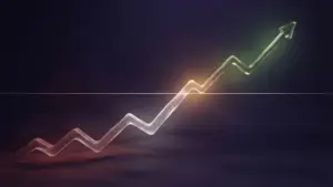 Abstract MVRV-momentumsignaal dat boven een referentielijn kruist in een donkere crypto-omgeving