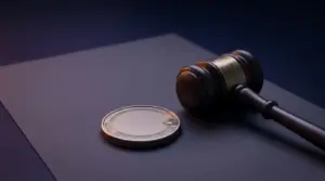 Abstract crypto token naast een juridische hamer voor SEC-richtlijnen over tokenbuybacks